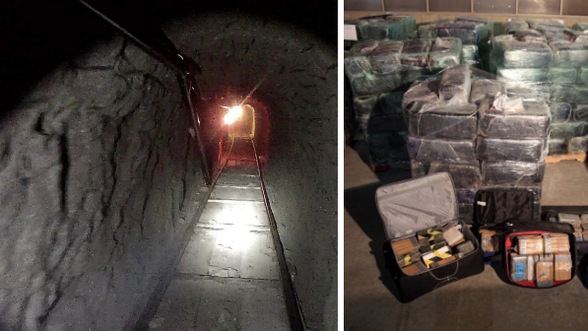 Knarktunnel avslöjad i Mexiko tillsammans med åtta ton marijuana och 150 kilogram kokain.